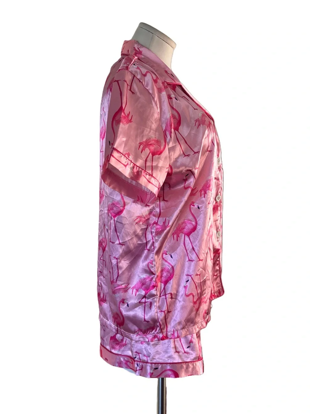 Pink Flamingo Satin Pajama Set Short Sleeve Button Front Top & Shorts - large